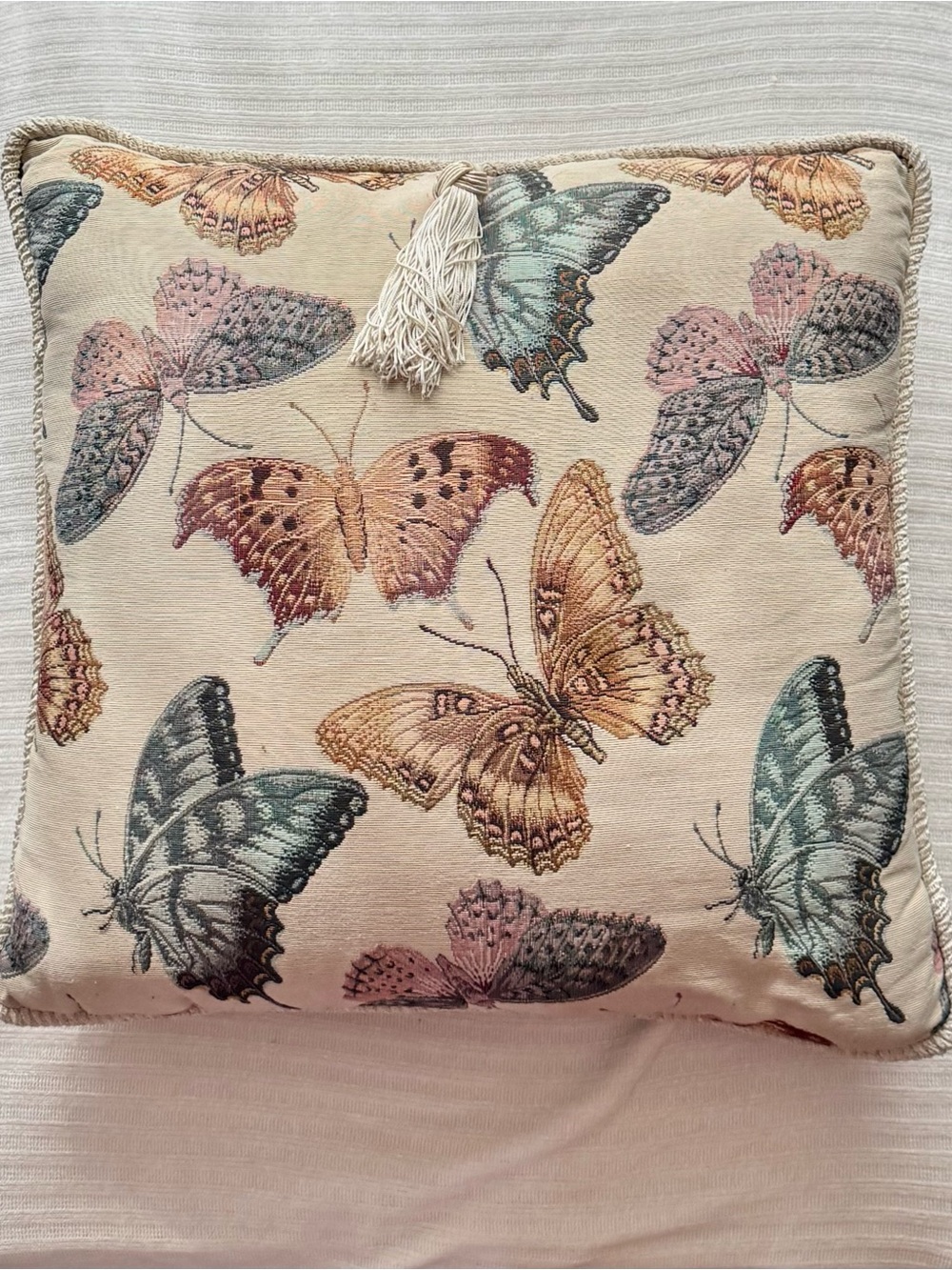 Butterfly Tapestry Accent Pillow in Cream with Pastel Butterflies